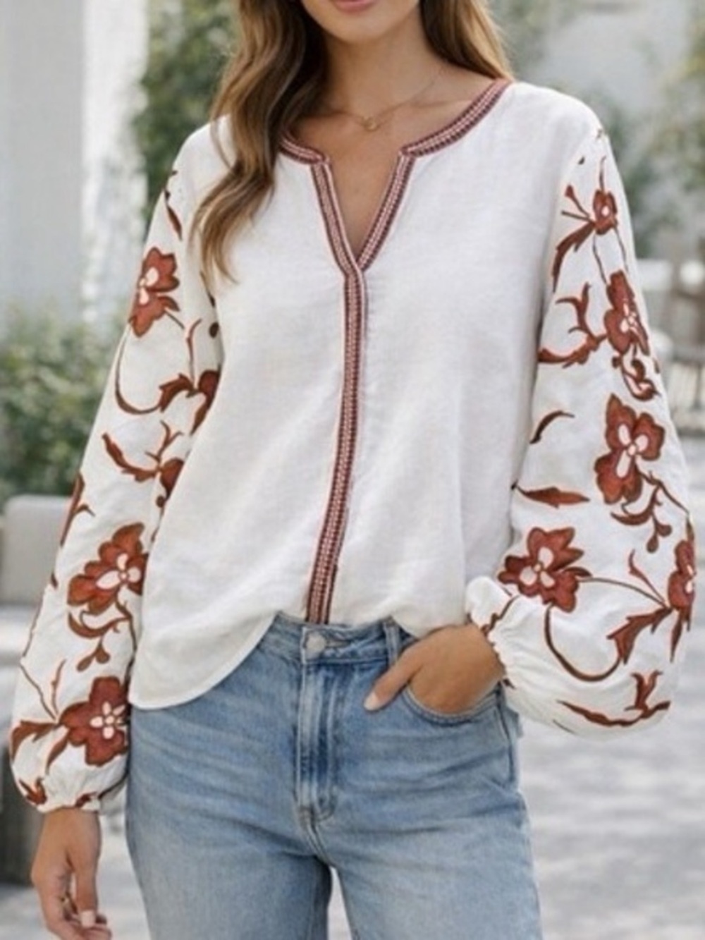 Calypso St. Barth White Peasant Blouse with Rust Floral Embroidered Sleeves